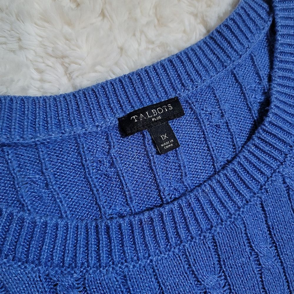 Talbots Blue Button Cuff Cable-Knit Ribbed Crew Neck Sweater - Picture 6 of 8